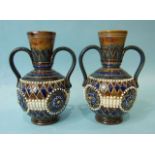 A pair of Royal Doulton stoneware two-handled vases by Ethel Beard, with flower heads and diamond