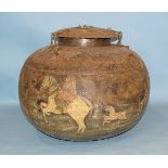 An antique Asian metal spherical food or water container painted with figures riding elephants,