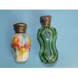 A multi-coloured glass scent bottle with silver screw top, 60mm high and another of waisted form,