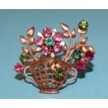 A 9ct gold flower basket brooch or 'giardinetti' brooch set round-cut green and pink tourmalines, 38
