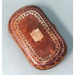 A Victorian tortoiseshell purse, inlaid with gold and silver, with moiré silk interior, 8.5 x
