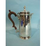 A hot water jug of tapered form, with hinged finialed lid and engraved monogram, maker Jay,