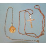 A 9ct gold cross pendant on 9ct gold chain, 27cm long and a 9ct gold St Christopher pendant on