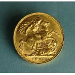 An Edward VII 1905 gold sovereign.