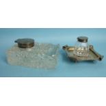 A cut-glass rectangular inkwell with pen recess, silver lid and mount, 13 x 8cm, 6cm high,