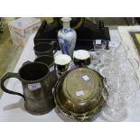 A pewter quart tankard, two others, six glass sundae dishes and other items.