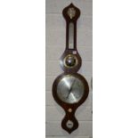 A rosewood wheel barometer with silvered dial, thermometer and small convex mirror, 94cm high.