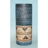 A Troika Pottery cylindrical vase, decorated with a band of circles, on a blue ground, signed Troika