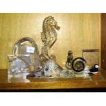 A Waterford crystal seahorse, 18cm high and other glass ornaments.