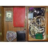 A quantity of costume jewellery in two wooden boxes and a small silver photograph frame,