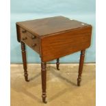 A Victorian mahogany drop-leaf work table fitted with two drawers, on turned legs, 66 x 52cm open, a