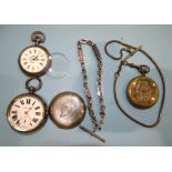 A Continental silver-cased keyless pocket watch, an engine-turned silver-cased key-wind pocket