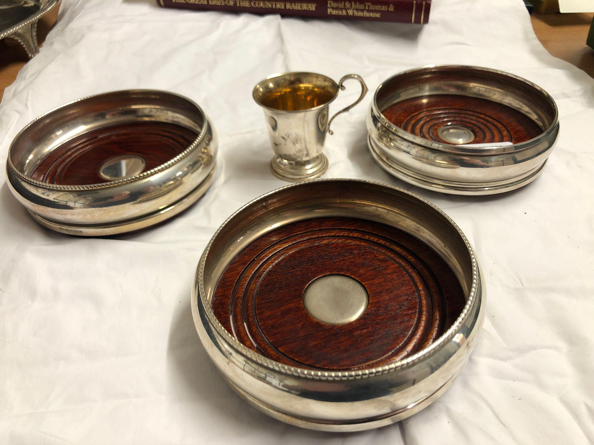 3 SILVER COASTERS & SMALL CUP