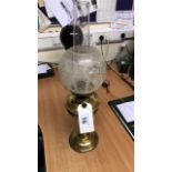 BRASS OIL LAMP- SLIGHT DAMAGE TO TOP OF LAMP & GLOBE (AF)