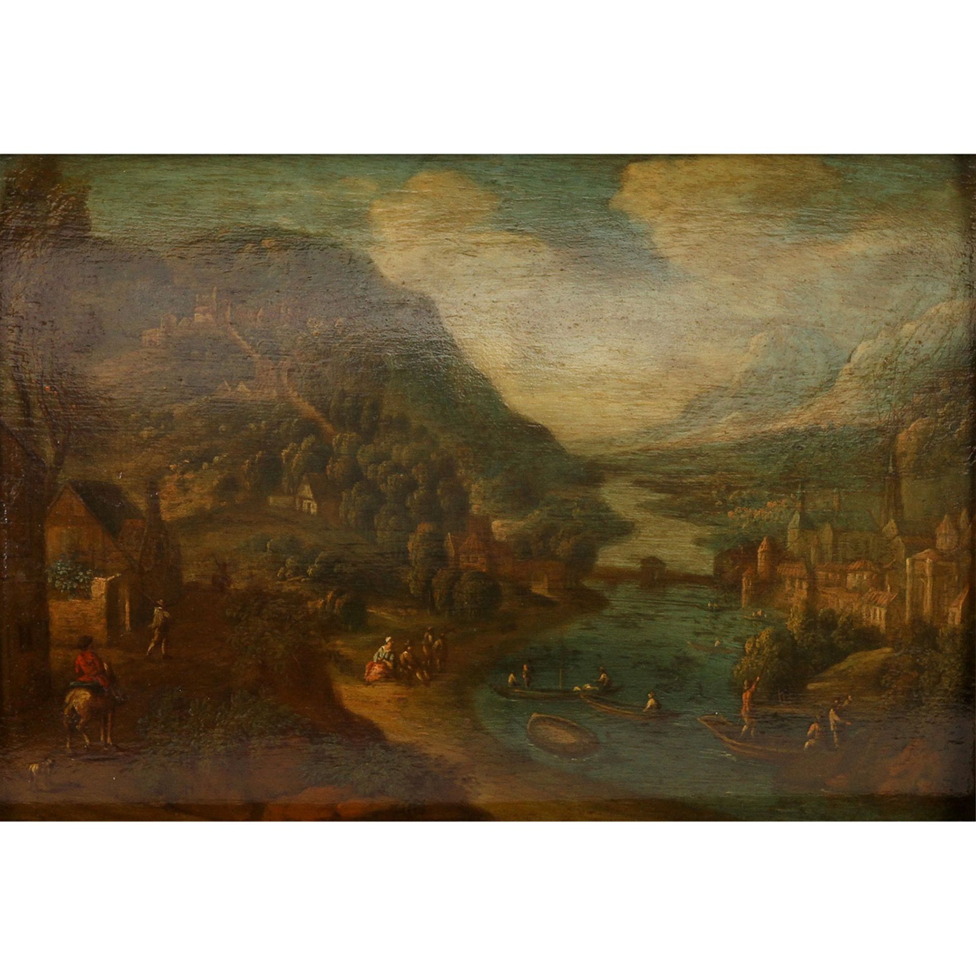 Deutscher Maler des frühen 18.Jh., "Gebirgslandschaft mit Städten zu beiden Seiten des Flusses