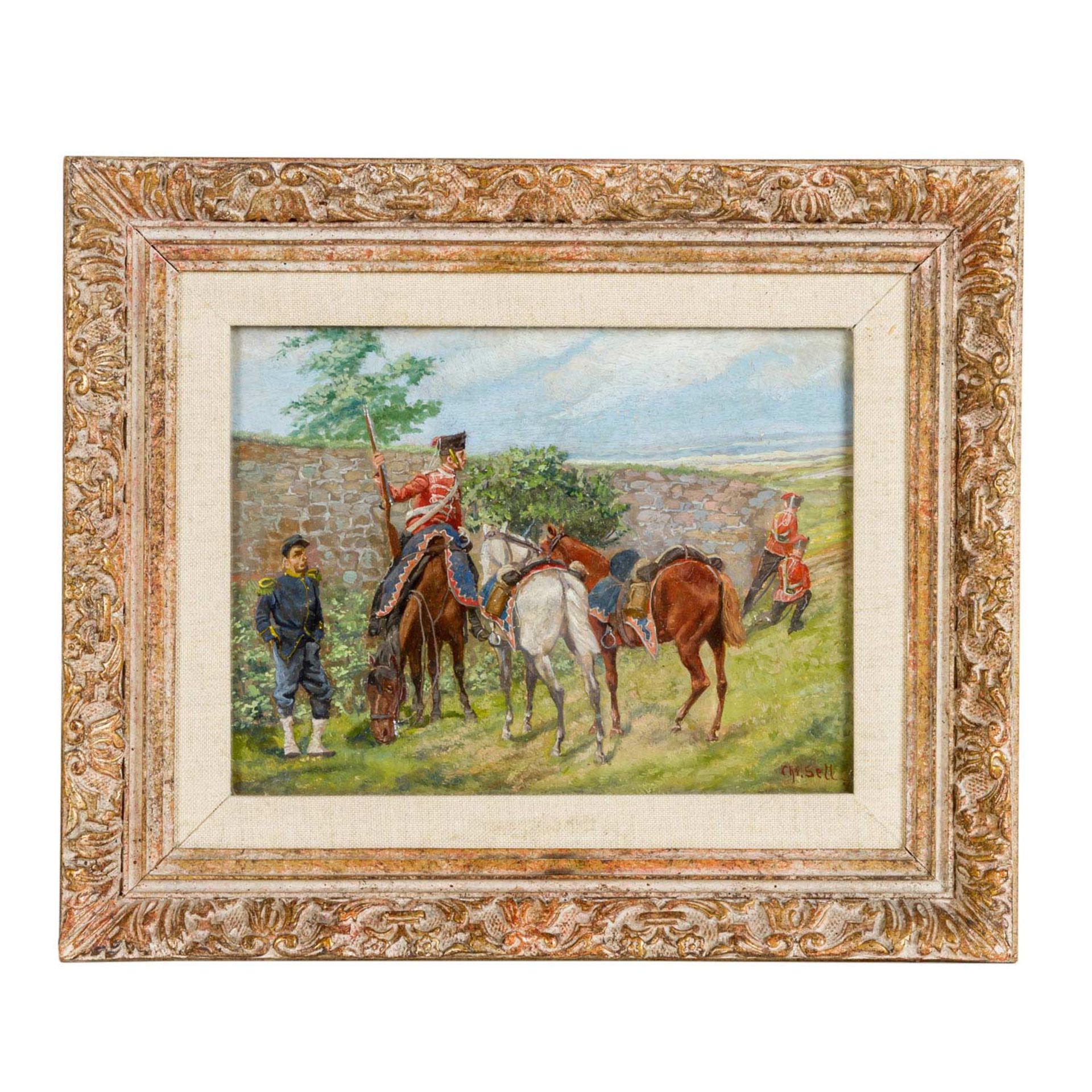 SELL, CHRISTIAN, wohl d.Ä. (1831-1883), "Spähende Husaren",mit Pferden hinter Mauer, - Image 2 of 4