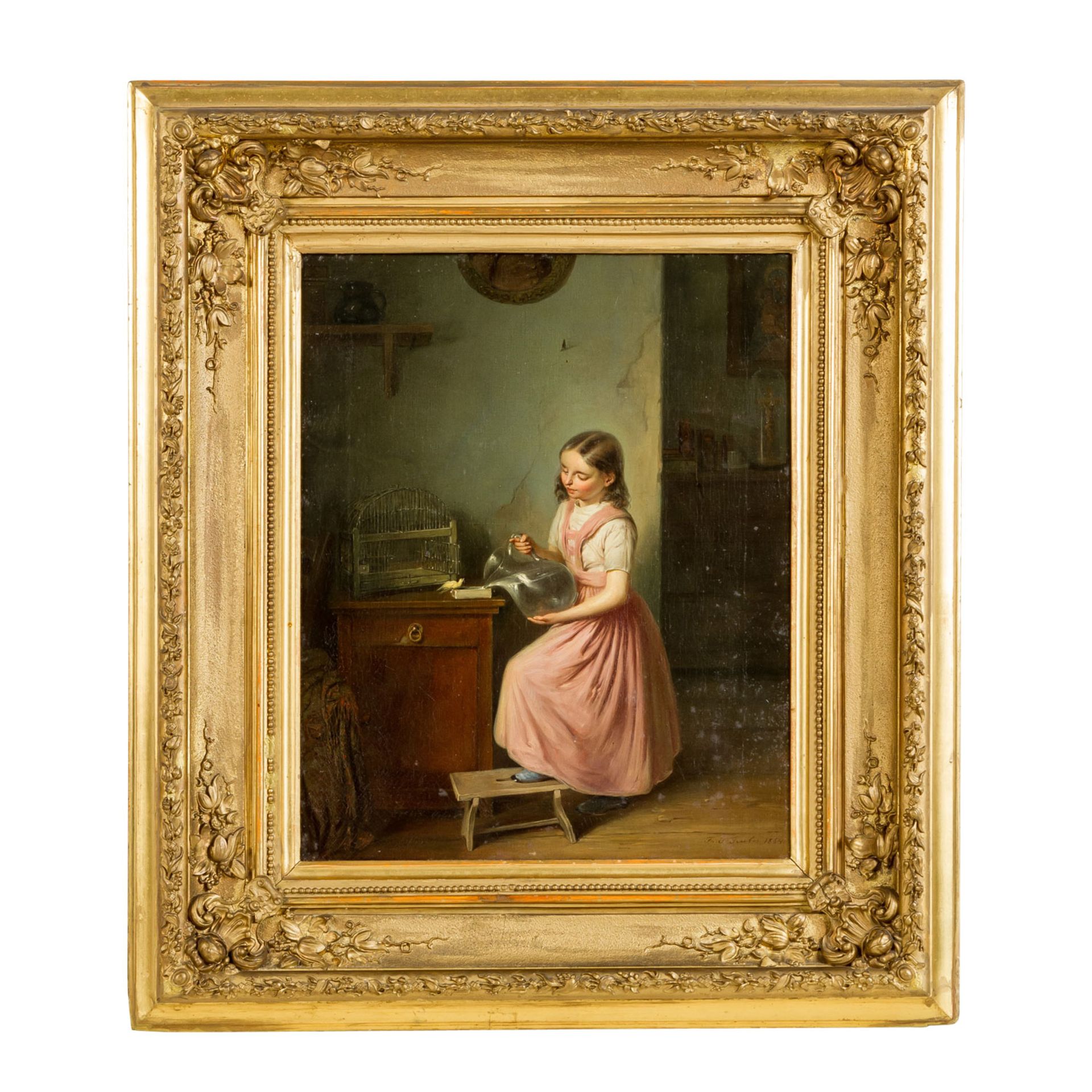 GRUBER, FRANZ JOSEF (?-1854), "Mädchen mit Wasserkrug, einen gelben Singvogel tränkend",<b - Image 2 of 4
