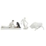 ROSENTHAL 3 Figuren, 20. Jhd.:'Liegender nackter Faun mit Marabu', um 1920, Entwurf Ma