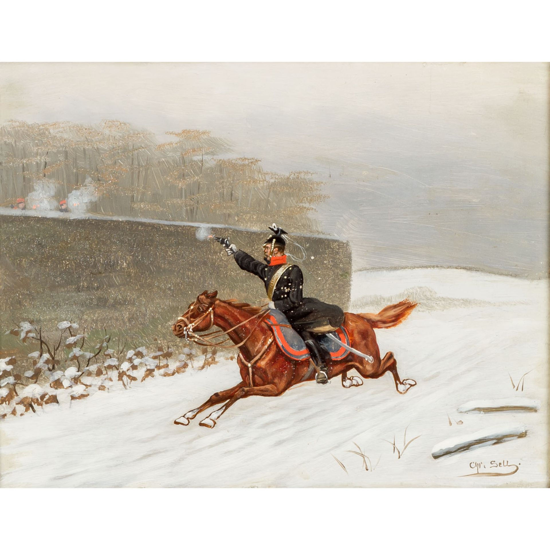 SELL, CHRISTIAN, wohl d.Ä. (1831-1883), "Schießender Kavallerist in verschneiter Landschaft",<