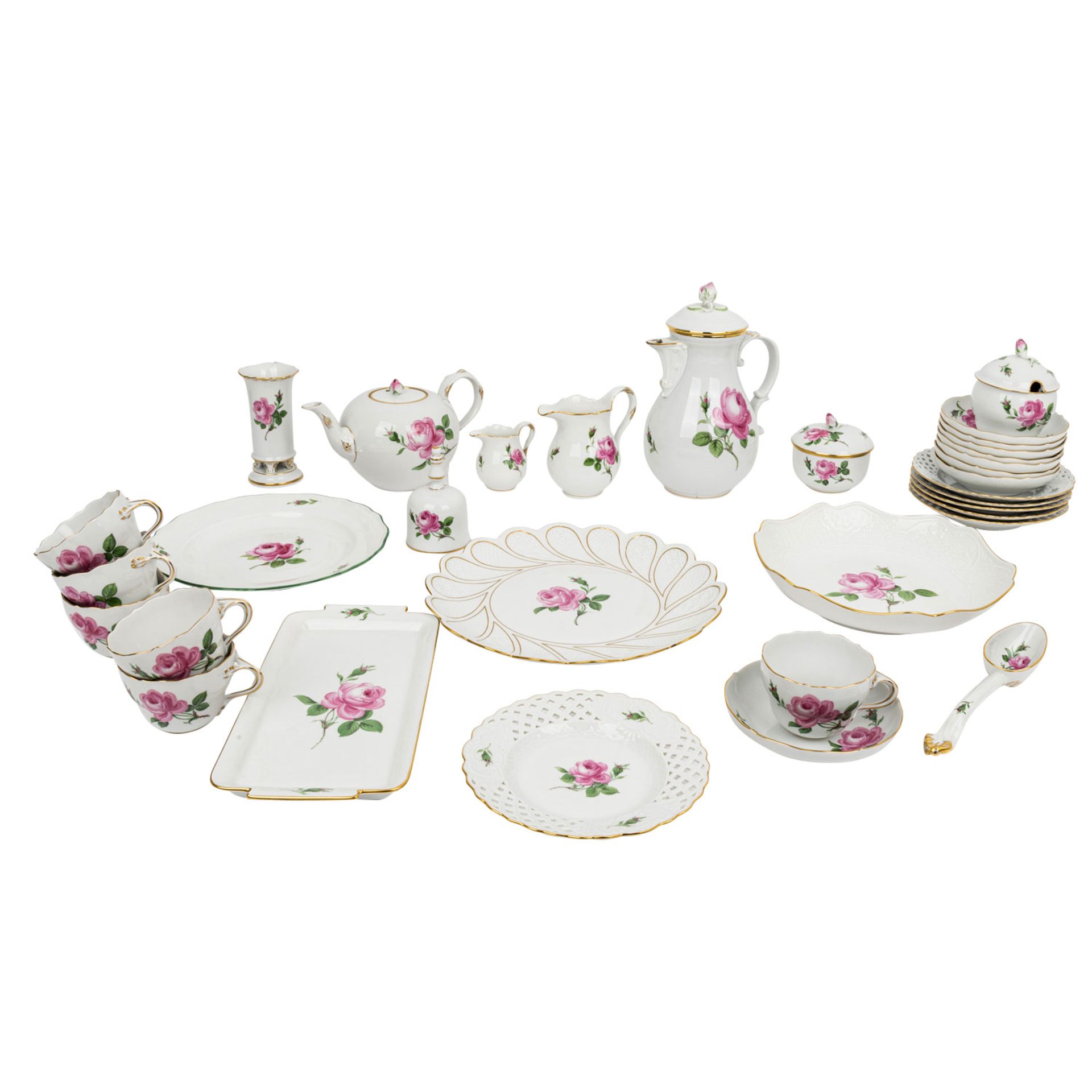 MEISSEN Kaffeeservice f. 6 Personen 'Rote Rose', 2. Wahl, 20. Jhd..6 Kaffeetassen, 8 U