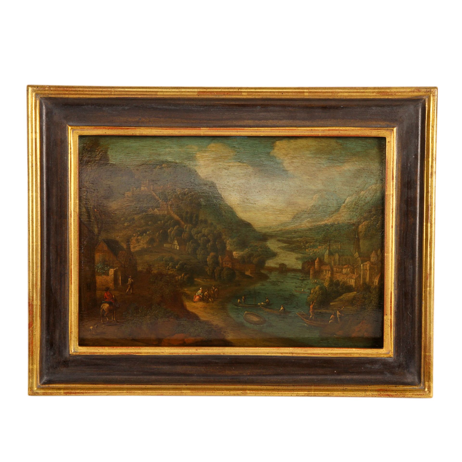 Deutscher Maler des frühen 18.Jh., "Gebirgslandschaft mit Städten zu beiden Seiten des Flusses - Image 2 of 7