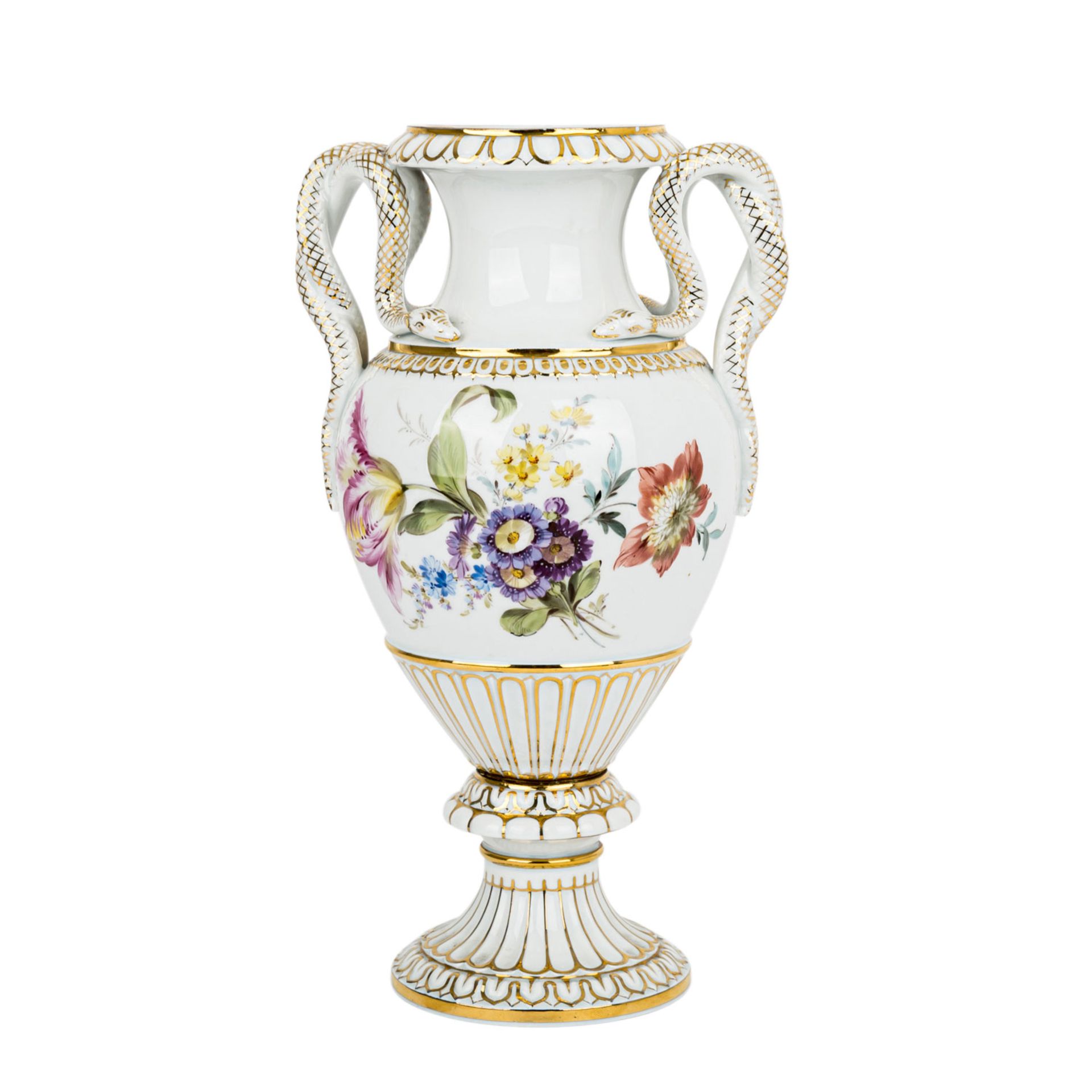 MEISSEN Schlangenhenkelvase 1860-1924.Porzellan, Goldstaffage, reliefierte Balusterfor - Image 3 of 6