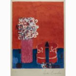 BRASILIER, ANDRE (geb. 1929), "Stillleben mit Blumen in Vase und Geige",Farblithograph