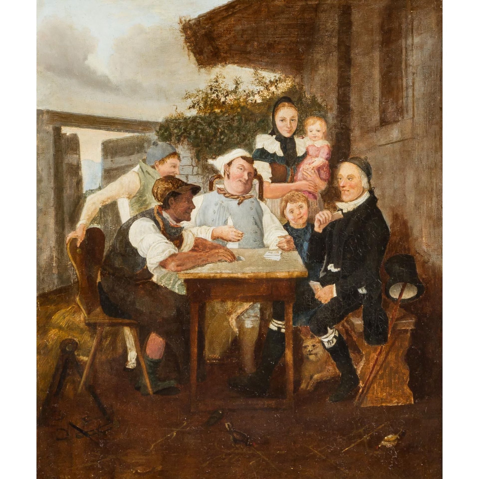 PFLUG, Johann Baptist, UMKREIS (J.B.P.: 1785-1865), "Kartenspieler vor dem Haus",mit j