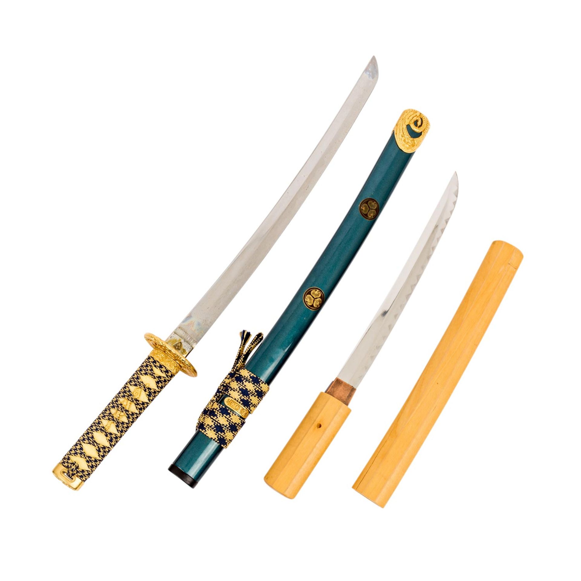 WAKIZASHI UND TANTO,modern, Klinge Stahl (stumpf) und Edelstahl, Metalltsuba vergoldet