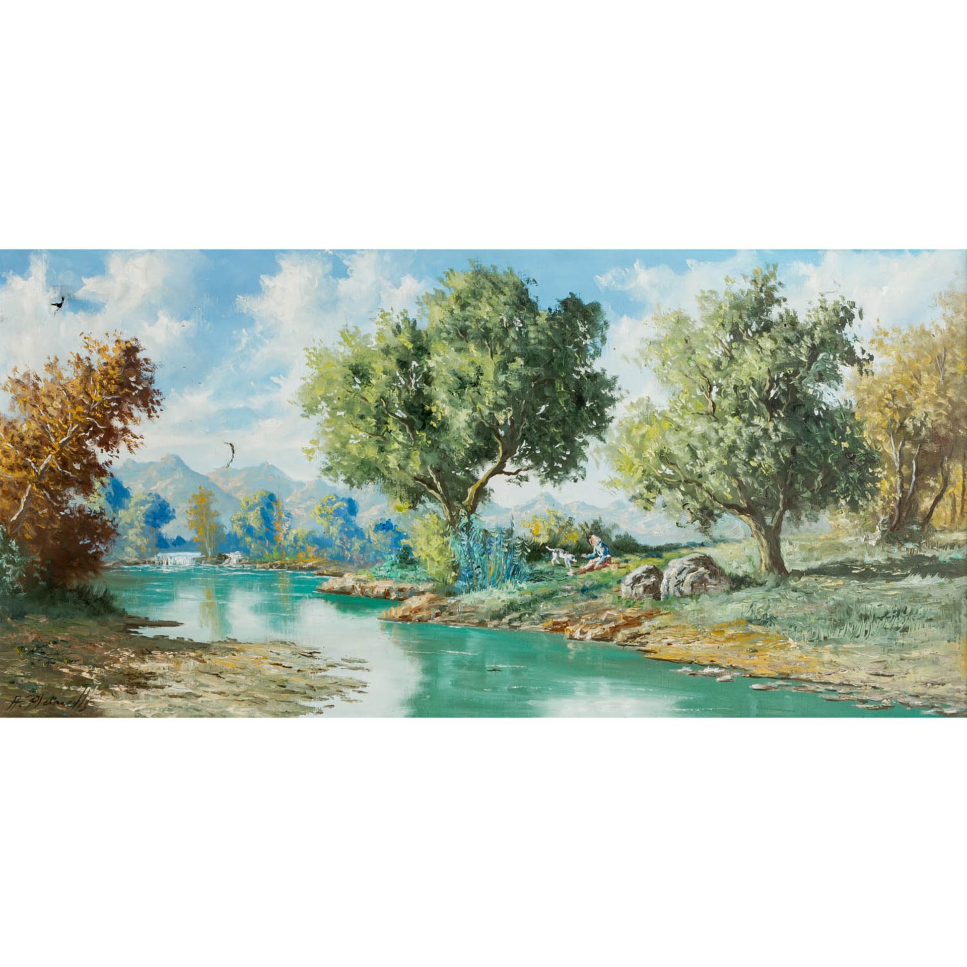 PLANELLS, A. (Maler 20. Jh.), "Paisage",Junge Frau mit Hund an einem Flussufer, im Hin