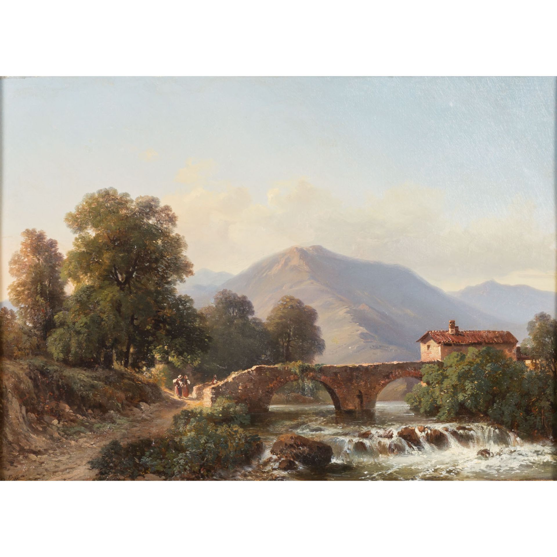 COTTIN, EUGÈNE (1840-1902), "Partie aus dem Rhonethal",steinerne Bogenbrücke über d