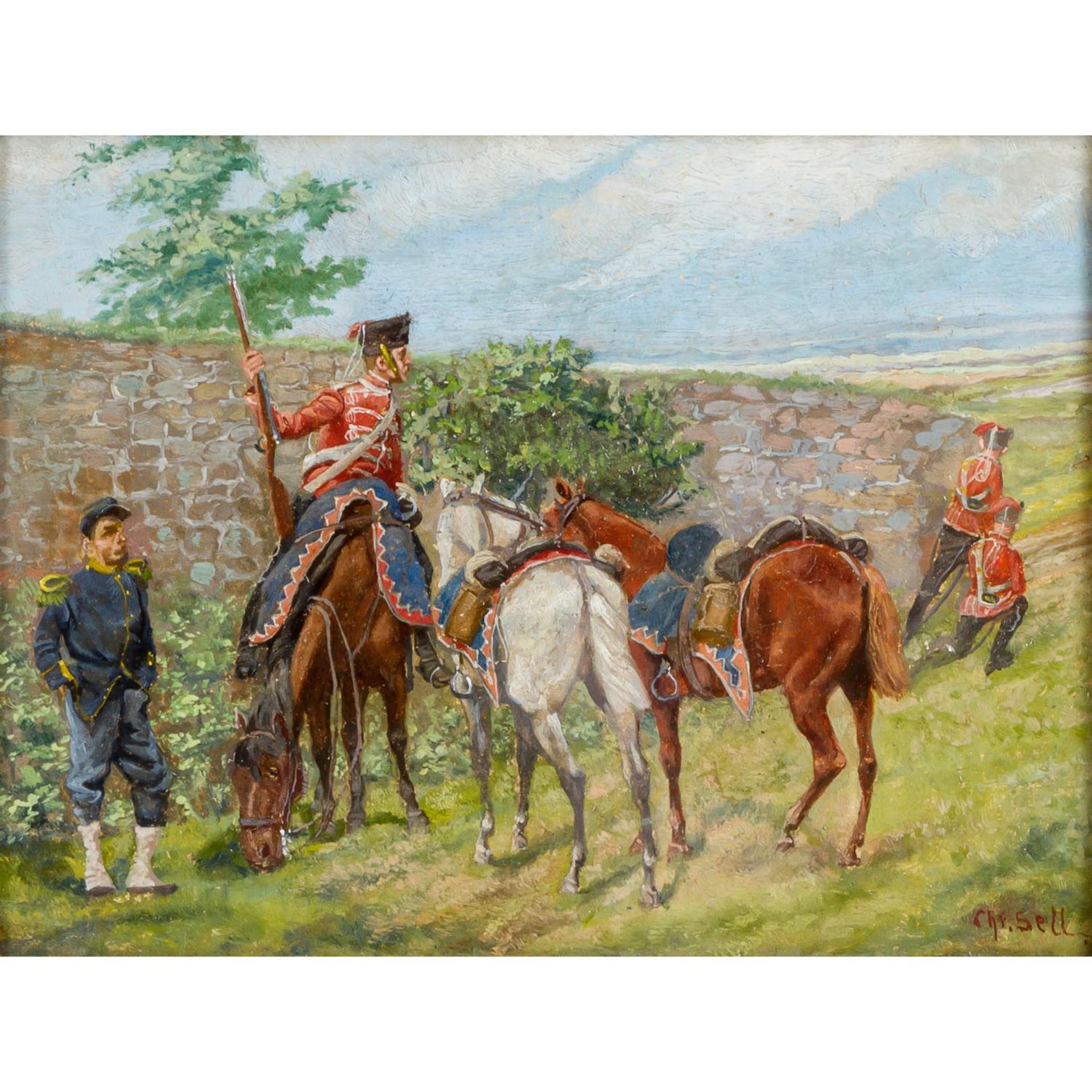 SELL, CHRISTIAN, wohl d.Ä. (1831-1883), "Spähende Husaren",mit Pferden hinter Mauer,