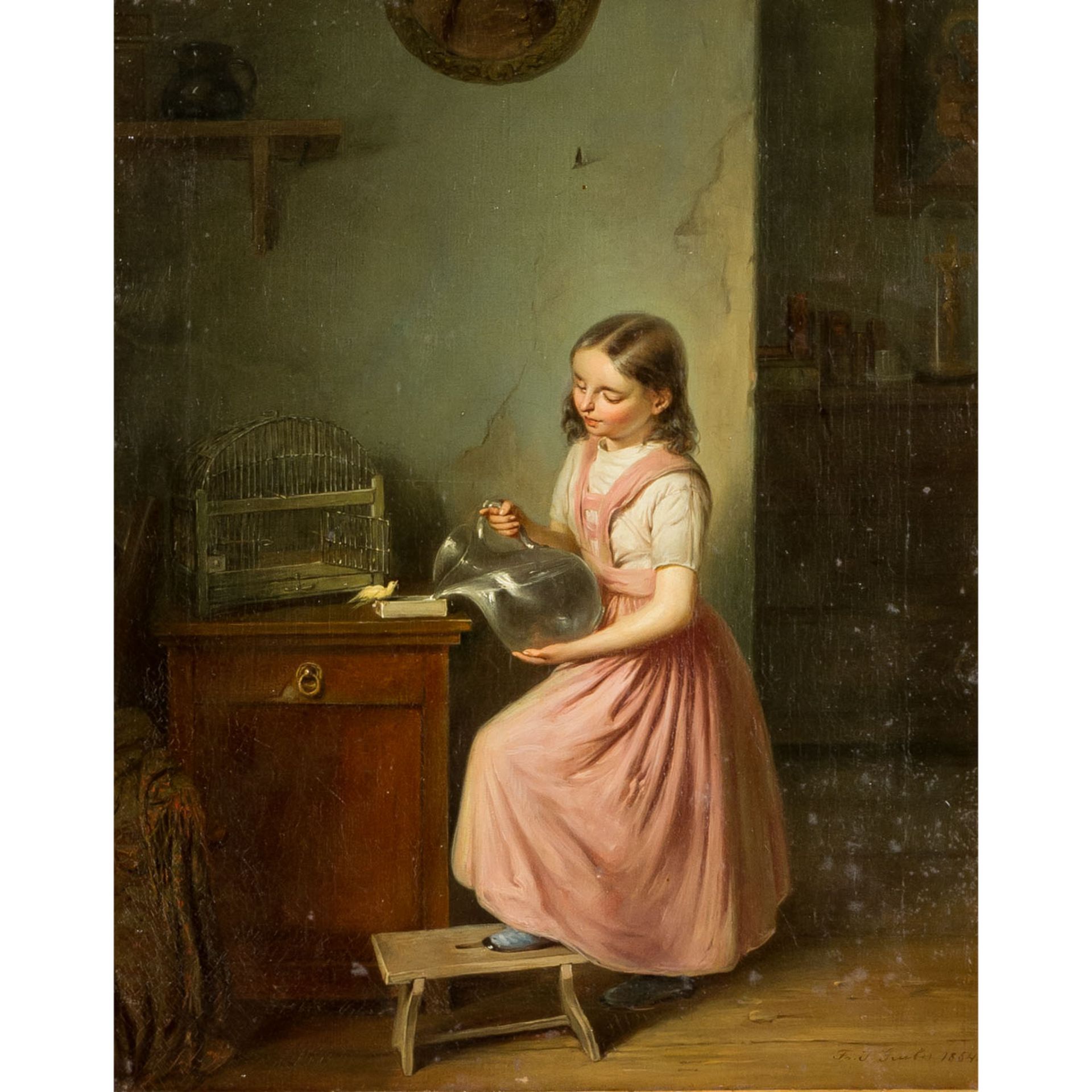 GRUBER, FRANZ JOSEF (?-1854), "Mädchen mit Wasserkrug, einen gelben Singvogel tränkend",<b