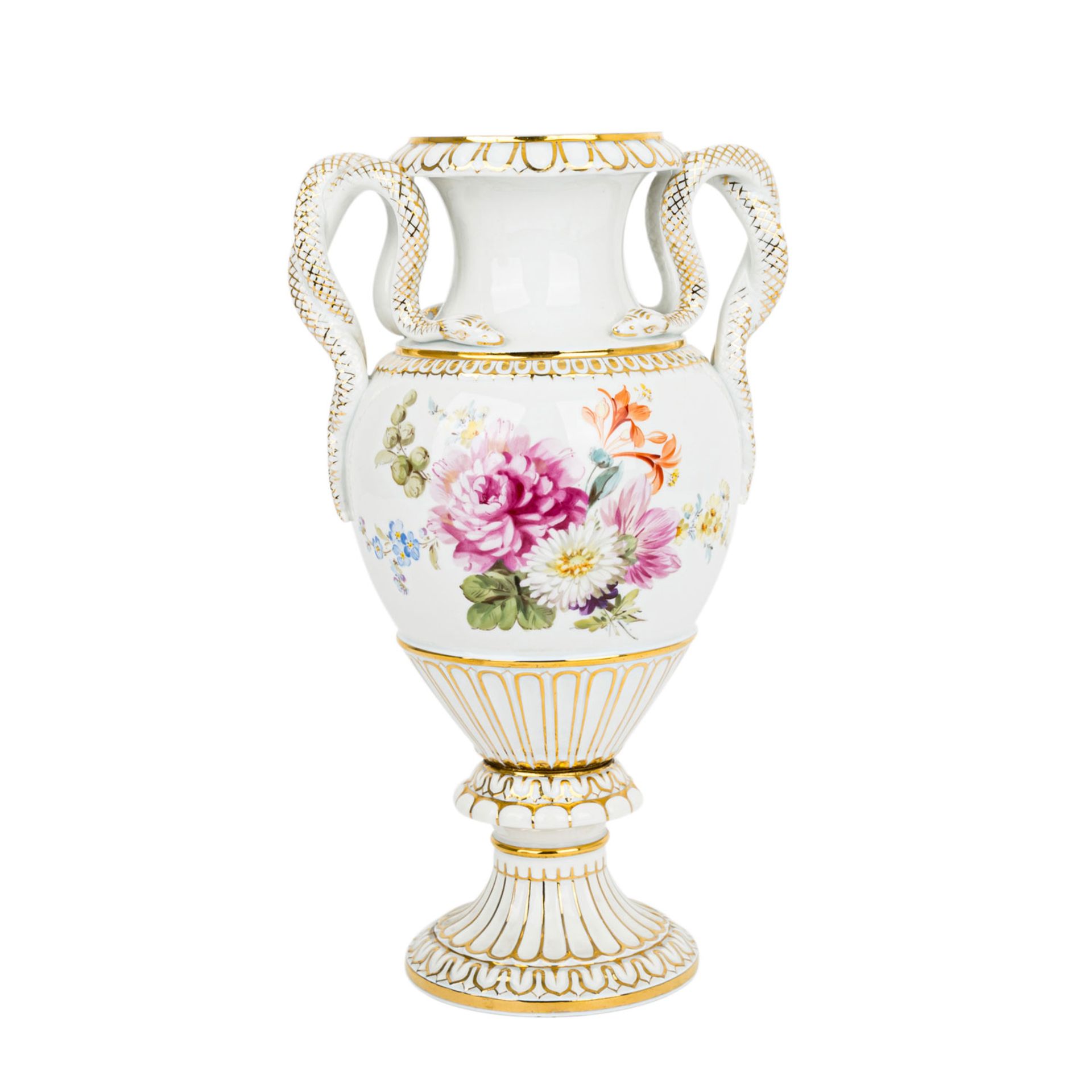 MEISSEN Schlangenhenkelvase 20.Jh.Porzellan, Goldstaffage, reliefierte Balusterform, a