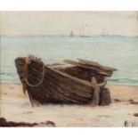 WINNERWALD, EMIL (1859-1934) "Verfallendes Ruderboot auf Strand"Öl auf Leinwand, mono