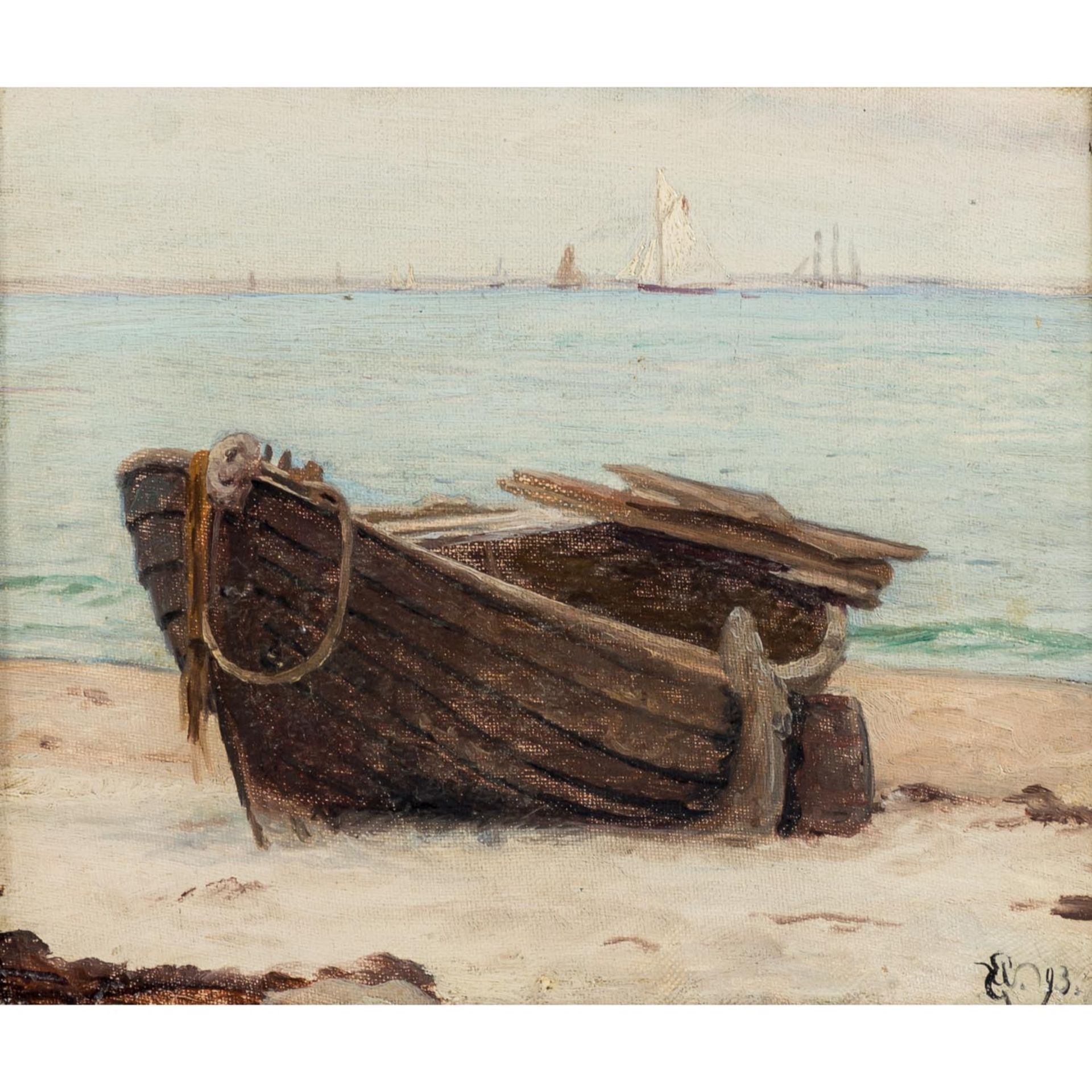 WINNERWALD, EMIL (1859-1934) "Verfallendes Ruderboot auf Strand"Öl auf Leinwand, mono