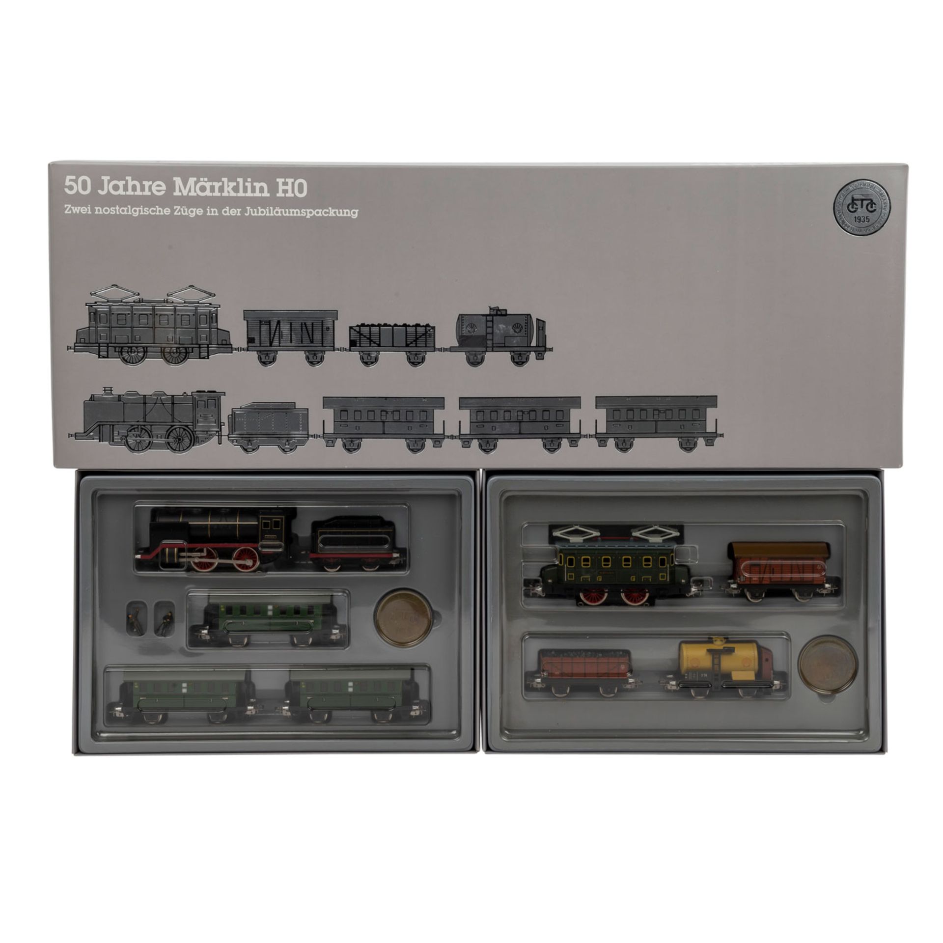 MÄRKLIN zwei nostalgische Züge in der Jubiläumspackung "50 Jahre Märklin" 0050, Spur H 0,</b