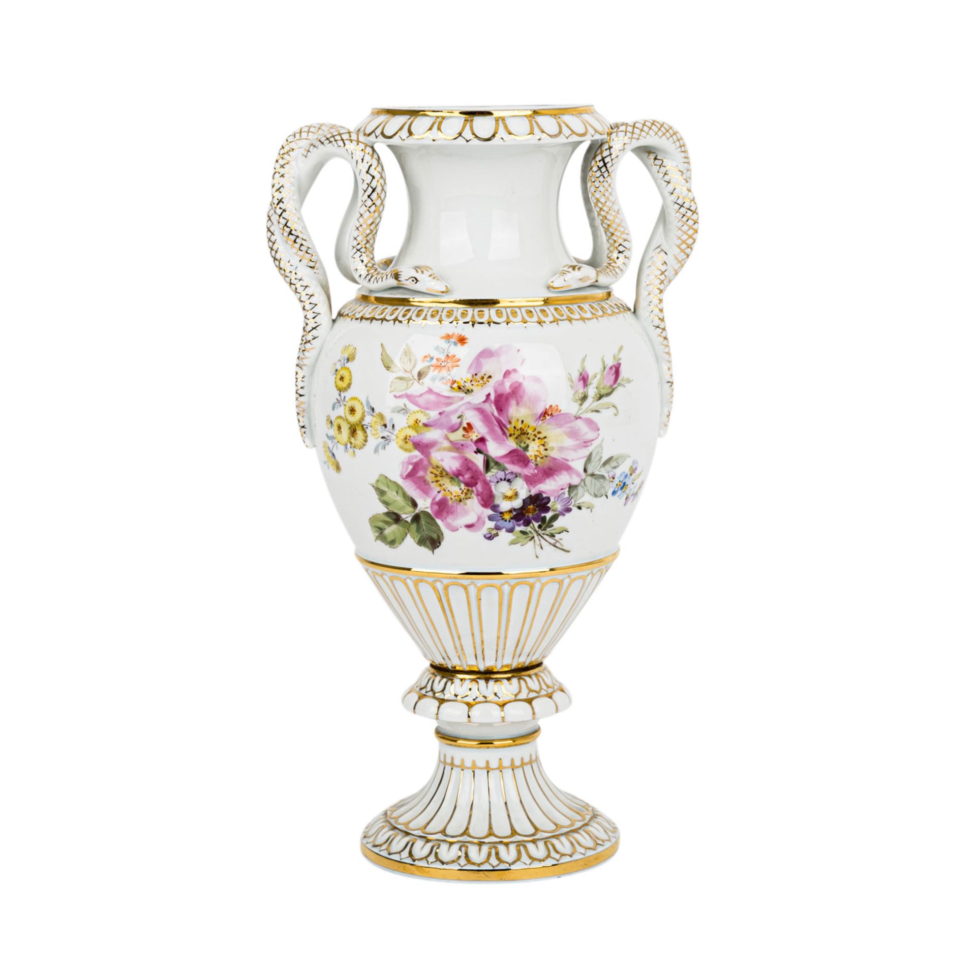 MEISSEN Schlangenhenkelvase 1860-1924.Porzellan, Goldstaffage, reliefierte Balusterfor