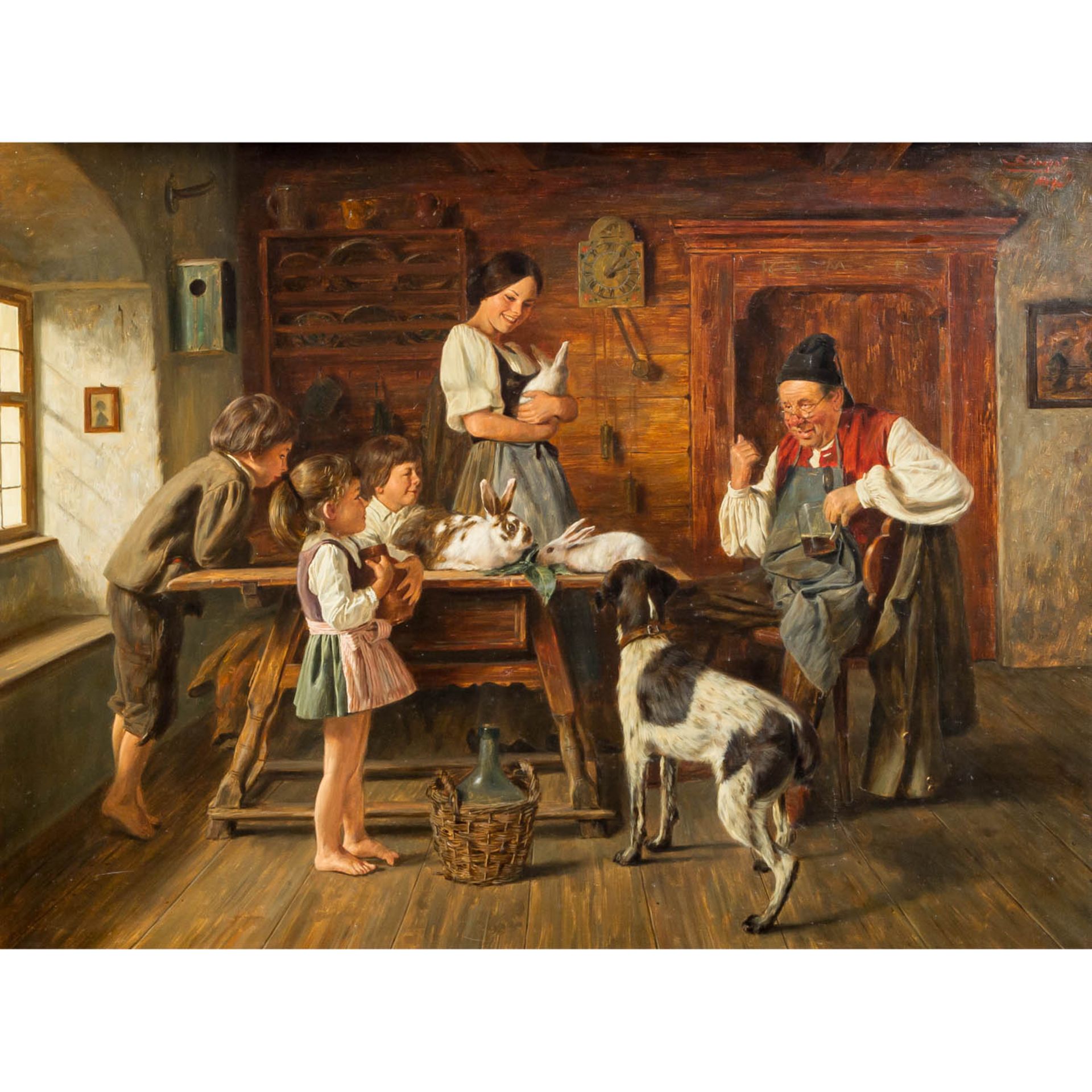 STIERHOF, ERNST (1918-?), "Bauernfamilie mit Hasen in der Stube",o.re. signiert und be