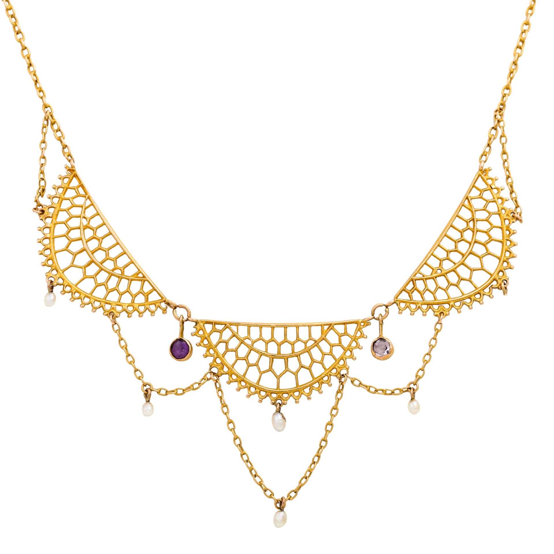 Jugendstil Collier mit Amethystenund kleinen Perlen, GG 18K, 6,5 gr, L: ca. 41/46 cm, - Image 2 of 4