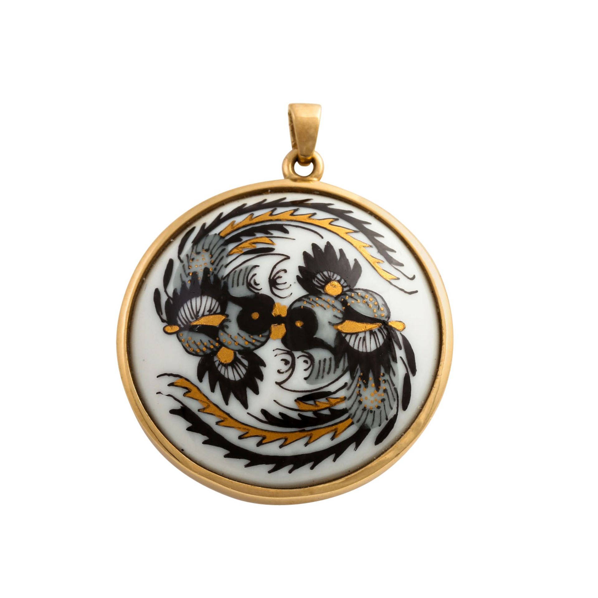 MEISSEN Anhänger, "Hoo Hähne"aus dem Dekor "Reicher Drache in Schwarz/ Gold." Fassun