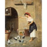 UBOLLI, H. (Maler/in 19. Jh.), "Junge Frau die Tauben fütternd",im Hintergrund Blick