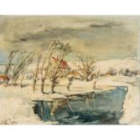 MALER/IN 20. Jh., "Verschneite Landschaft mit Haus am Weiher",u.li. undeutlich signier