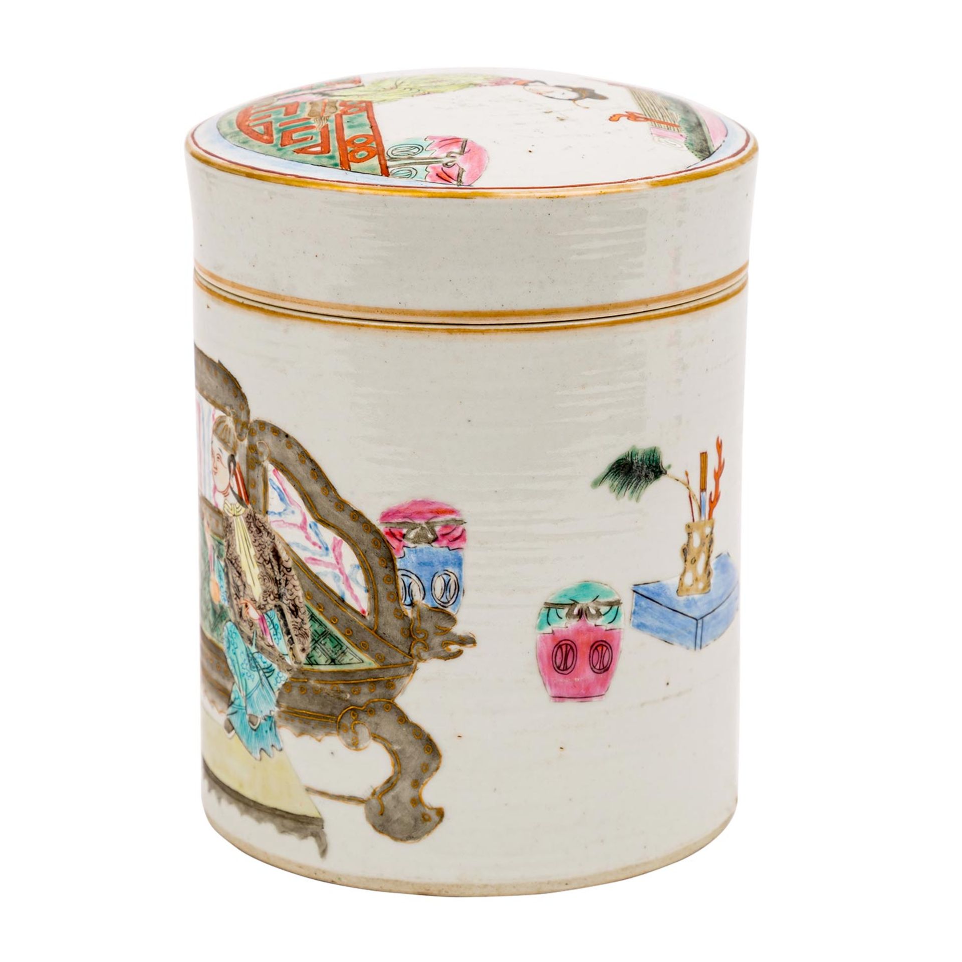 Teedose aus Porzellan. CHINA, 19. Jh..In den Farben der 'Famille rose' bemalt mit eine - Bild 2 aus 6
