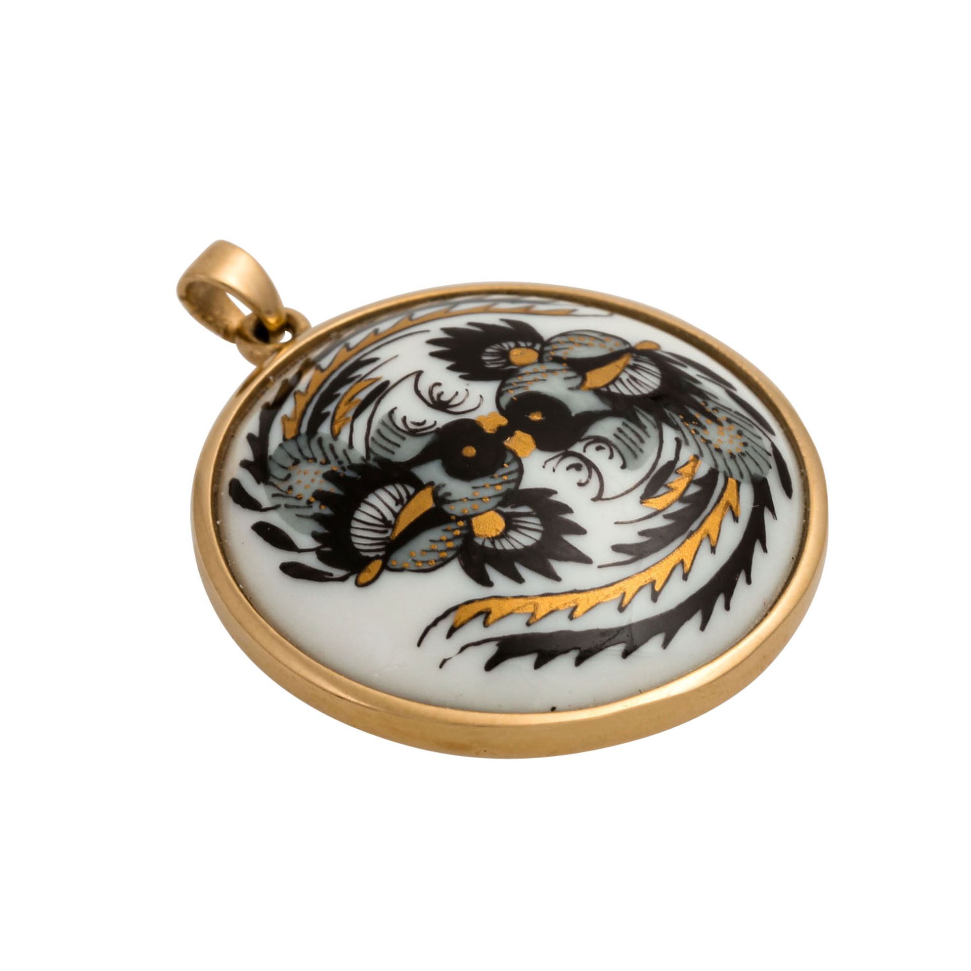 MEISSEN Anhänger, "Hoo Hähne"aus dem Dekor "Reicher Drache in Schwarz/ Gold." Fassun - Image 4 of 4