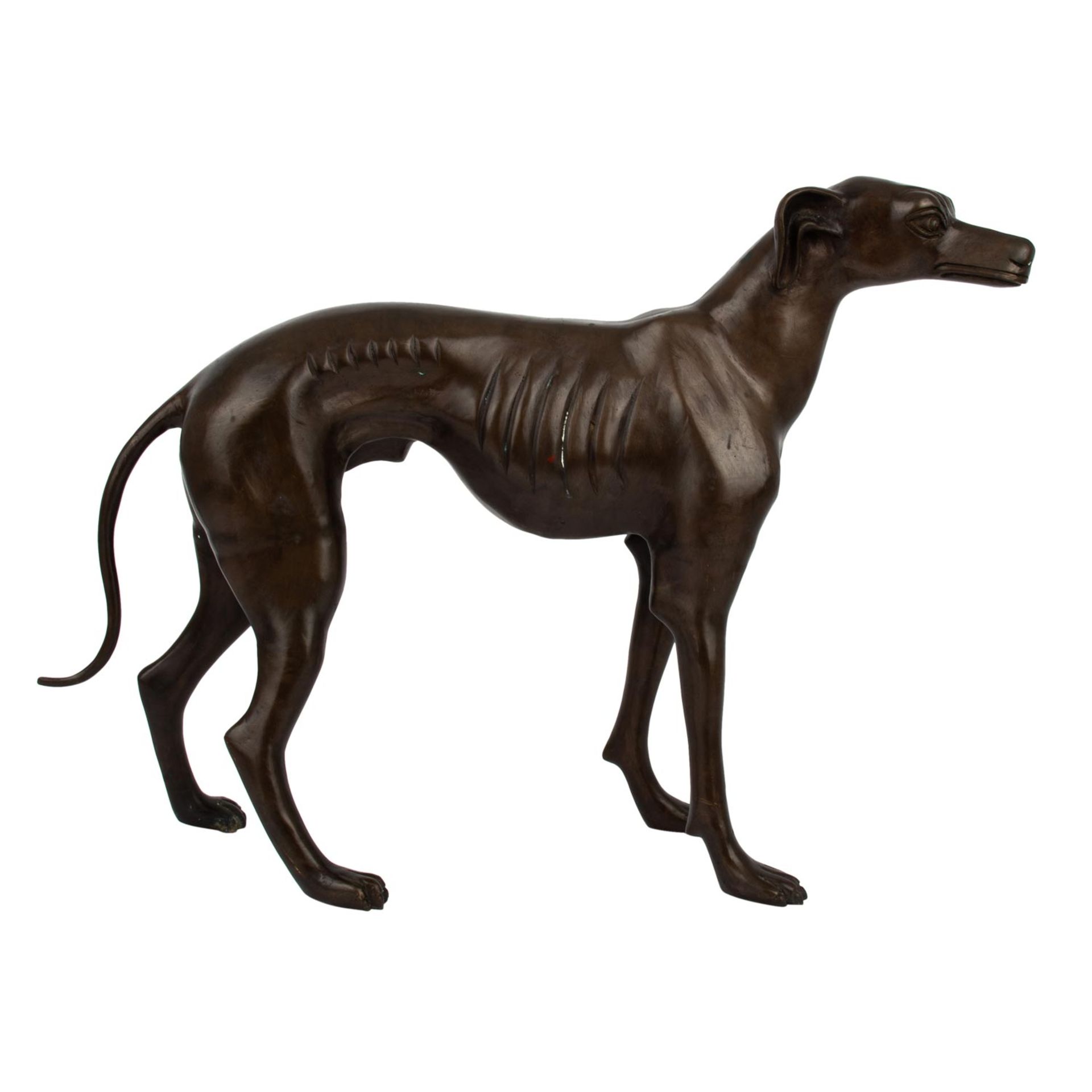 WINDHUND20.Jh., Messing bronziert, vollplastische Figur eines Windhundes in stehender - Image 5 of 6