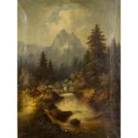 BÖHM, C. (Maler 19. Jh.), "Hirten im Gebirge",mit ihren Tieren einen Wildbach überqu