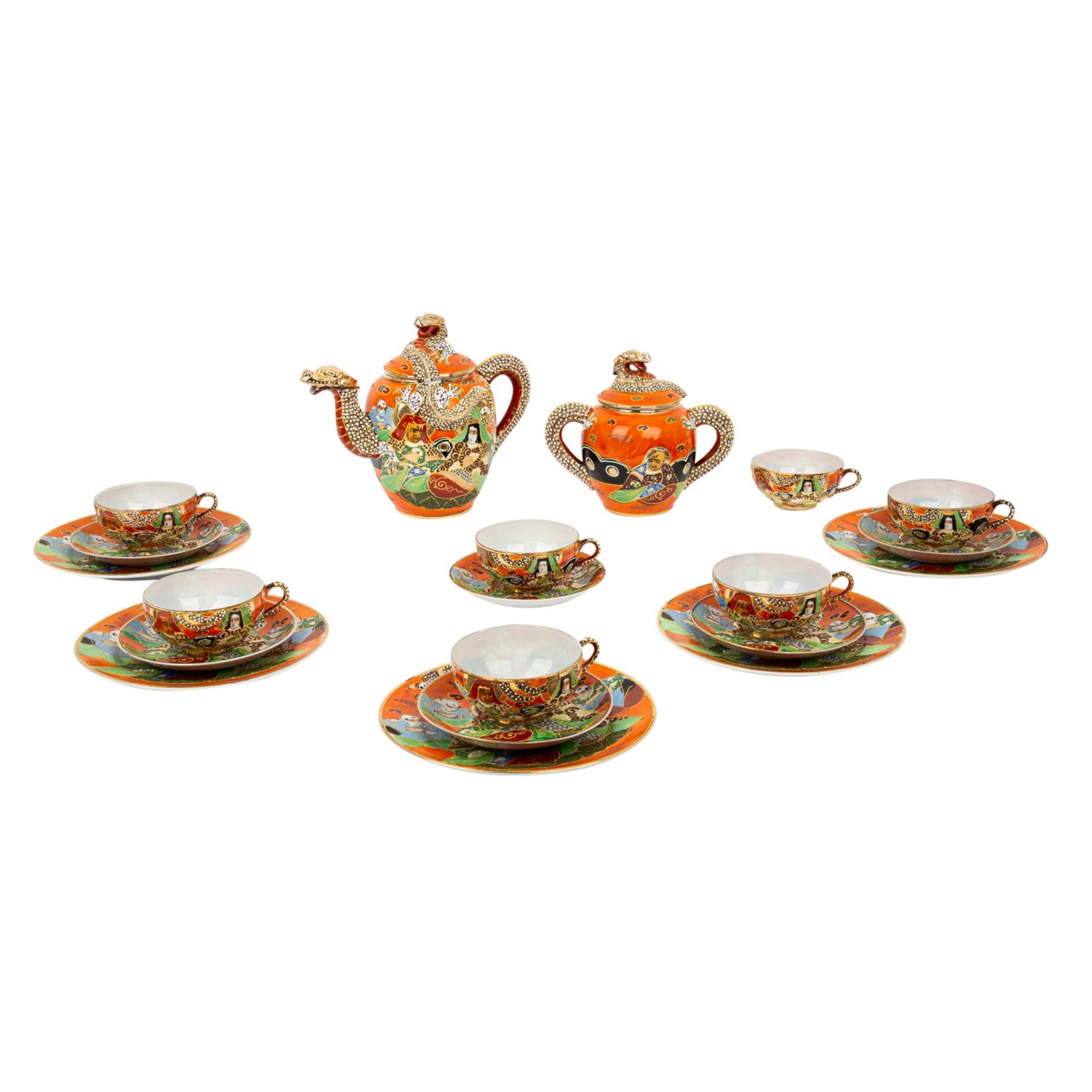 Teeservice "Dragon China" für 5-7 Personen. JAPAN, 1960er Jahre.Orangefarbener Fond m