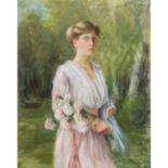 ANDREAE, J. "Junge Frau im Garten mit einem Blumenstrauß"Pastell auf Lw., sig. "J.AND