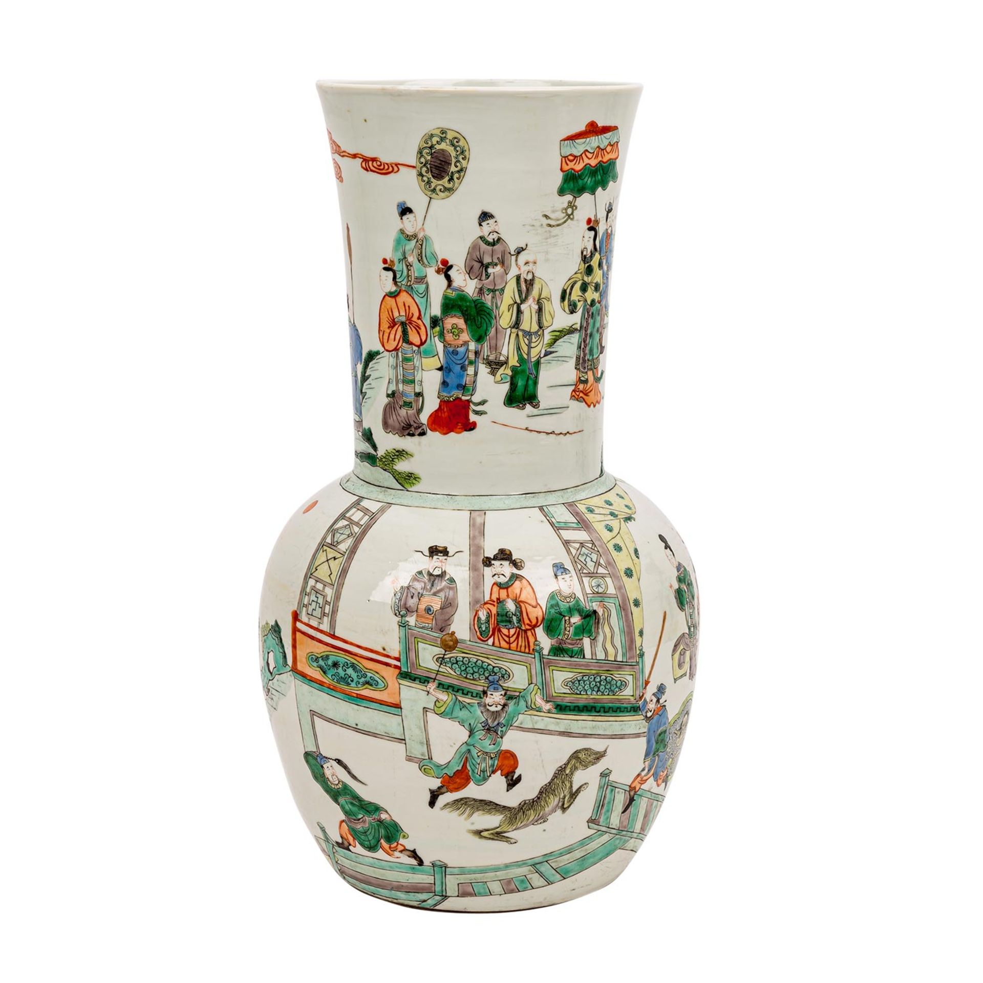 Famille verte Porzellanvase, CHINA, 19./20. Jh..Vom Typ Tianqiuping, umlaufend bemalt